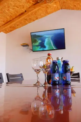 a table with wine glasses and bottles and a tv at Villa Crystal in Bihać