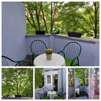 a collage of photos of a table and chairs on a balcony at Zen3 Studio app in Bihać