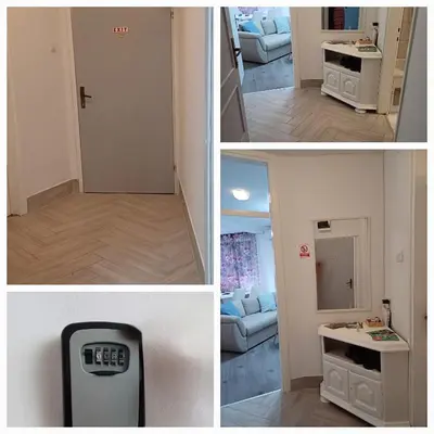 a collage of three pictures of a room with a door at Zen3 Studio app in Bihać