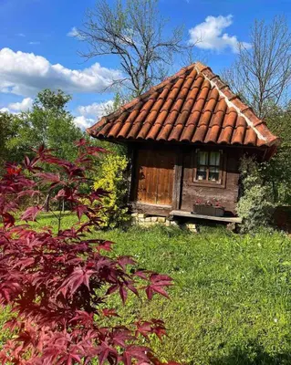 a small house with a brown roof in a field at Villa Enigma in Bihać