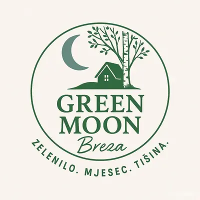 a green moon bread logo with a house and trees at GREEN MOON Breza in Breza
