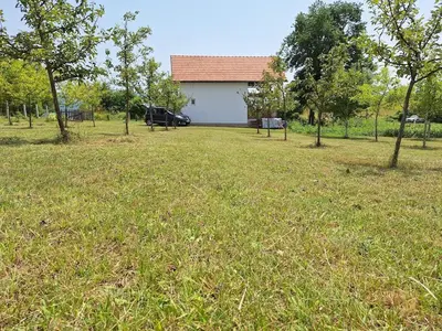 a field of grass with a building and trees at GREEN MOON Breza in Breza