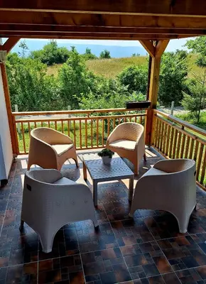 a screened in porch with chairs and a table at GREEN MOON Breza in Breza