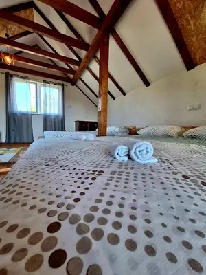 a large room with a large bed with two towels at GREEN MOON Breza in Breza