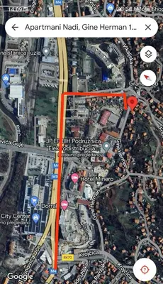 a map of a freeway with a red line at Apartmani Nadi in Tuzla