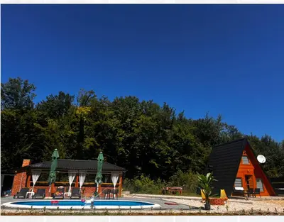 a house with a swimming pool in front of it at Jerry's Forest in Banja Luka