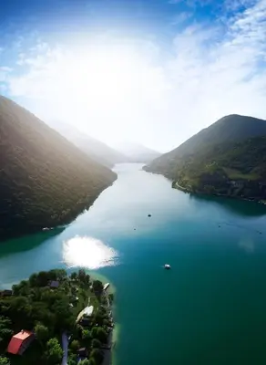 an aerial view of a lake with mountains at Villa La Casa -Family house in Jajce
