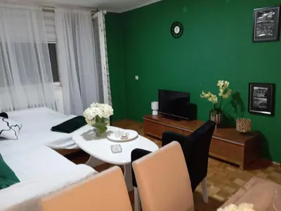 a living room with a table and a green wall at The Orchid in Jajce