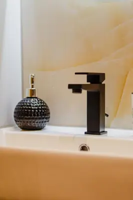 a bathroom sink with a black bottle and a faucet at Villa Ali in Illidža