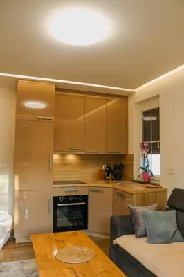 a kitchen and living room with a couch and a table at Villa Ali in Illidža