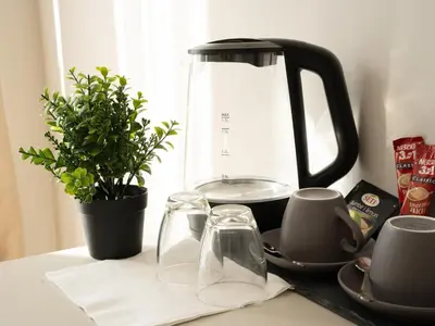 a tea kettle and glasses on a counter with a plant at Lala in Bosanska Krupa