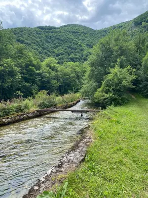 a bench sitting in the middle of a river at Bungalovi izvor Plive 2 in Šipovo