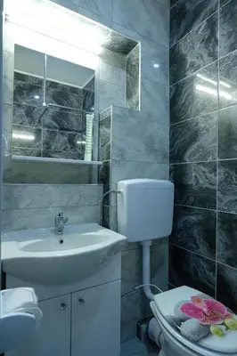 a bathroom with a sink and a toilet and a mirror at Evergreen Apartments in Visoko