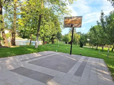 a basketball hoop in a park with trees at ORAH HOUSE, a unique and unforgettable vacation on a private island in Bihać