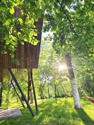 a wooden tower in a park with a tree at ORAH HOUSE, a unique and unforgettable vacation on a private island in Bihać