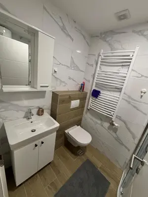 a white bathroom with a sink and a toilet at Stan na dan Simba in Banja Luka