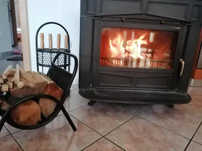 a stove with a fire in a living room at Apartman Ružica in Tomislavgrad