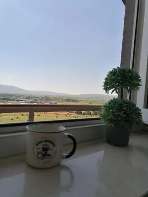 a coffee cup sitting on a window sill with a view at Apartman Ružica in Tomislavgrad