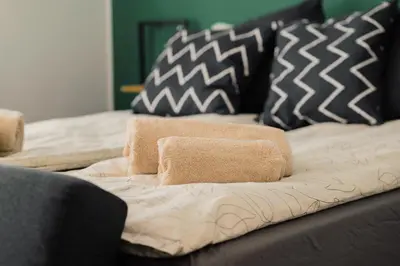 a couch with two pillows on top of it at Apartment Vela in Tuzla