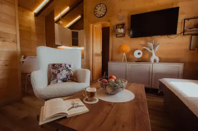 a living room with a chair and a table with a book at Rustic Casa in Prijedor