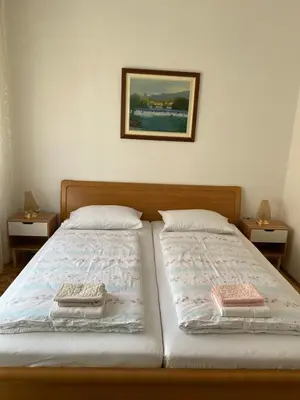 two twin beds in a bedroom with a picture on the wall at Apartment Alma in Bihać