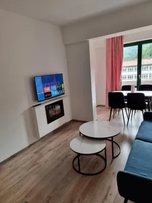 a living room with a couch and tables and a tv at Apartman Rita in Fojnica