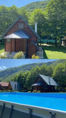 two pictures of a house and a swimming pool at Holiday Home UnaPark in Krakovo