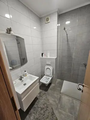 a bathroom with a sink and a toilet and a shower at Apartman City One in Banja Luka