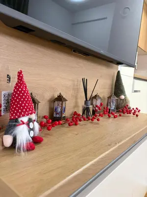 a kitchen counter with a santa hat and christmas decorations at BL Soul Apartment in Banja Luka