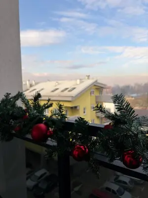 a window with christmas decorations on a ledge at BL Soul Apartment in Banja Luka