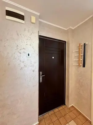 a hallway with a black door in a room at Apartman Tanja in Banja Luka