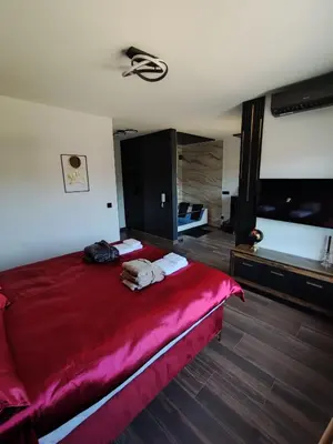 a bedroom with a large red bed in a room at Diamond Stan na Dan in Kiseljak