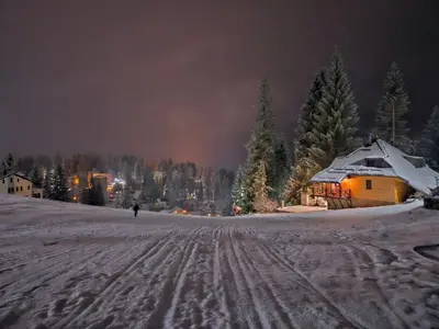 a house in the snow in front of a fire at Apartman D&A in Šišava