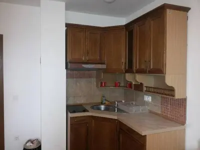 a kitchen with wooden cabinets and a sink at Andrea & Goran 106 in Vlasic
