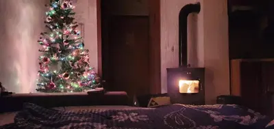 a christmas tree in a living room with a fireplace at Andrea & Goran 106 in Vlasic
