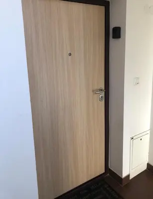 a wooden door in a room with a rug at City Apartment Lukavac in Lukavac