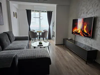 a living room with a couch and a fireplace at Apartman Dioniz Fojnica in Fojnica