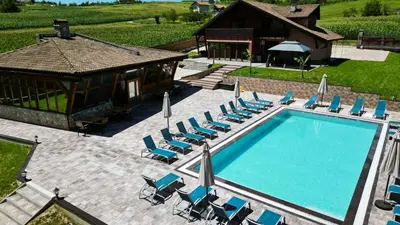 an overhead view of a swimming pool with chairs and a house at Villa Djuric in Slatina Varoš