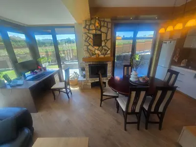 a living room with a table and chairs and a fireplace at Villa Djuric in Slatina Varoš