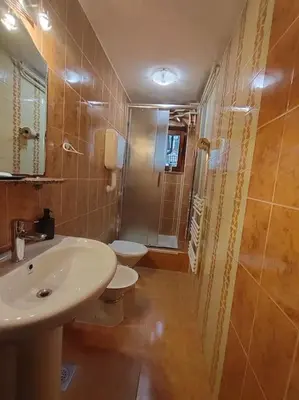 a bathroom with a sink and a toilet and a shower at Apartman Turizam Plus in Travnik