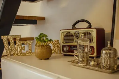 a table with a radio and a plant on it at Natura na Uni in Bihać