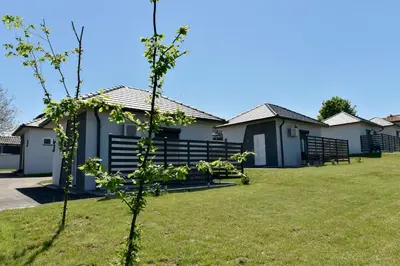 a tree in front of a row of houses at Apartmani i Bungalovi TROJKA in Banja Luka
