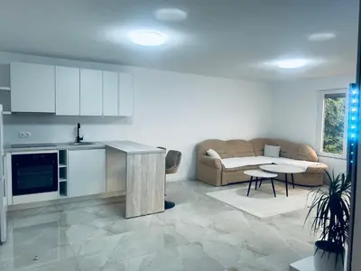 a kitchen and living room with a couch and a table at Apartman Zen in Bihać