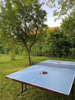 a ping pong table with a tennis racket on it at Vikendica Lucija in Livno