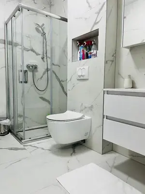 a white bathroom with a shower and a toilet at LookView apartment in Bihać