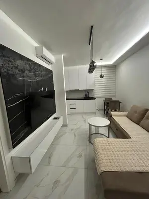 a living room with a couch and a large fireplace at Apartman City Centar Banjaluka in Banja Luka