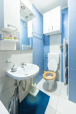 a blue bathroom with a toilet and a sink at Šarmantan stan u centru grada in Banja Luka
