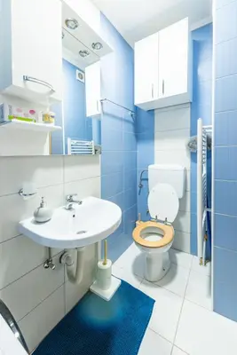 a blue bathroom with a toilet and a sink at Šarmantan stan u centru grada in Banja Luka