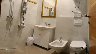 a bathroom with a toilet and a sink and a shower at Apartman Bihać SviMi in Bihać