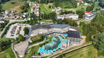 an aerial view of a hotel with a swimming pool at Vila Mir in Banja Vrućica